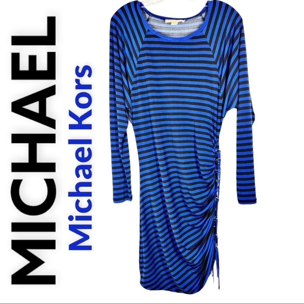 MICHAEL MICHAEL KORS Nautical Striped Side Ruched Dress, Size Medium